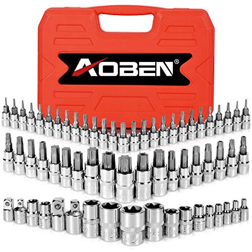 AOBEN 64Pcs 마스터 Torx 비트 소켓 and 외장 Torx 소켓 세트, 1/ 4, 3/ 8, 1/ 2-inch(E4-E24, T6-T70, TT6-TT70, TP8-TP60), S2 and Cr-V 스틸, 포함 소켓 어댑터