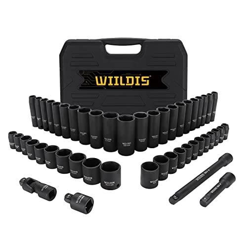 WIILDIS 3/ 8 드라이브 임팩트소켓, 육각비트소켓 세트, 48 피스 스탠다드 SAE and 매트릭 사이즈 (5/ 16 인치 to 3/ 4 인치 and 8-22mm), 6 포인트, Cr-V 스틸 정비공 소켓 세트