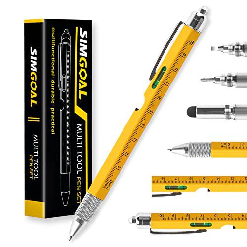 SIMGOAL 9 in 1 Multi-tool Pen-Yellow, 독특한 선물 Dad-Ruler, 레벨, LED 라이트,  볼펜, 플랫/ 필립스 드라이버,  병따개 and 스타일러스.