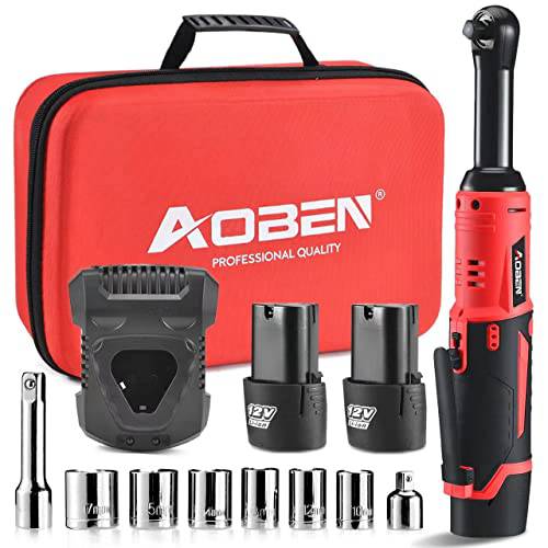 AOBEN Extended 무선 래칫 렌치 키트, 4.7 롱 Reach 3/ 8ratchet, 40 Ft-lbs 전기,전동 파워 래칫 세트  속도조절가능 트리거, 2 팩 2000mAh Lithium-Ion 배터리 And 충전기, 8 소켓