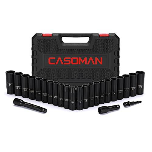 CASOMAN 25PCS 1/ 2 드라이브 임팩트소켓, 육각비트소켓 세트, 딥, Cr-V 스틸, 6 포인트, 매트릭& SAE, 12mm to 24mm, 3/ 8 인치 to 1 인치, 포함 연장 바: 3-inch, 5-inch, 1/ 2-1/ 4 어댑터