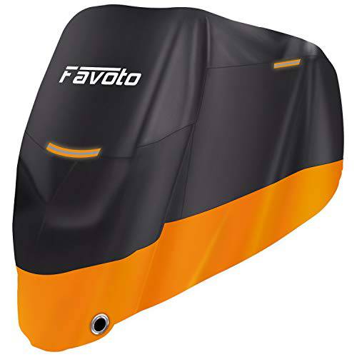 Favoto 오토바이 커버 모든 시즌 범용 날씨 210D 재질 바람막이 아웃도어 듀러블 반사 줄무늬 Lock-Holes 보관용가방 차량 커버 104 인치
