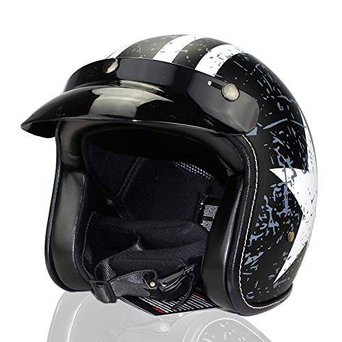 Woljay 3/ 4 오픈 페이스 헬멧, 오토바이 헬멧 플랫 Rebel 블랙+  화이트 스타 그래픽 (M)