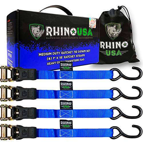 Rhino USA 래칫 타이 다운 스트랩 4PK - 1 823lb 보장 맥스 브레이크 스트렝스 포함 4 프리미엄 1 X 15’ Rachet Tie Downs 패디드 Handles. Best 이사 Securing 화물 레드