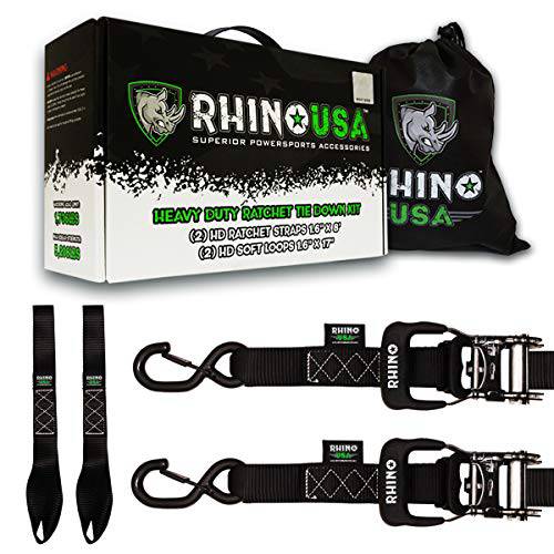 Rhino USA 래칫 스트랩 오토바이 타이 다운 키트 5 208 브레이크 강화 - 포함 2 헤비듀티 1.6 X 8’ Rachet 타이다운 패디드 손잡이 코팅 크로몰리 S 후크 2 소프트 루프 Tie-Downs 레드