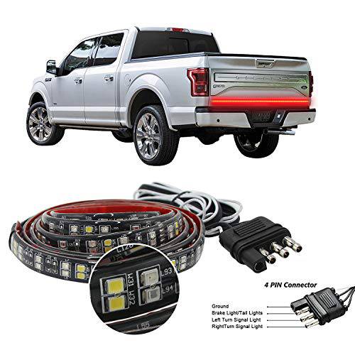 트럭 테일게이트 라이트 바 2열 LED 플렉시블 스트립 60 회전 신호 브레이크 리버스 라이트 픽업 트레일러, 레드/ 화이트 (60 인치, 2 Row)