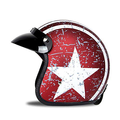 Woljay 3/ 4 오픈 페이스 헬멧, 오토바이 헬멧 플랫 Rebel 스타 그래픽 화이트+  레드 (M)