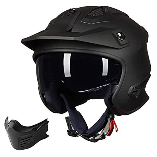 Auboa 3/ 4 오픈 페이스 헬멧 오토바이 하프 헬멧 남녀공용, 남녀 사용 가능 턱 가드 ATV 크로스 초퍼,슬라이서 크루저 스쿠터 DOT(Matte 블랙, 라지)