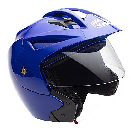 MMG (모델 20) 오토바이 오픈 페이스 헬멧 도트 스트리트 법정 - 플립업 클리어 썬바이저 (L, 샤이니 블루)