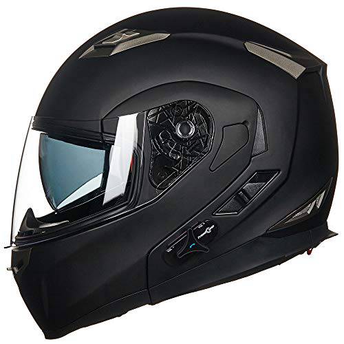 ILM 블루투스 통합 모듈식 플립업 풀 페이스 오토바이 헬멧 썬 쉴드 Mp3 선내통화장치 (XXL, 매트 블랙)