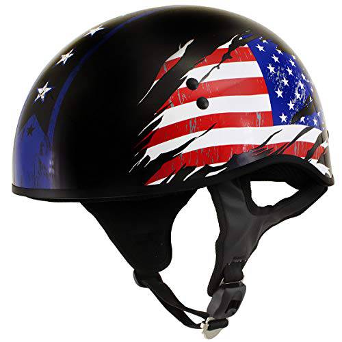 핫 Leathers T68 ’아메리칸 깃발’ Advanced 도트 블랙 글로시 오토바이 해골 캡 하프 헬멧 - 미디엄