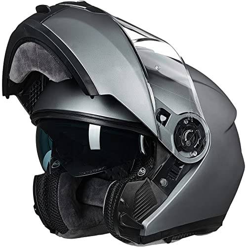 ILM 성인 오토바이 모듈식 풀 페이스 헬멧 플립업 듀얼 썬바이저 도트 Approved(Gray, 스몰)