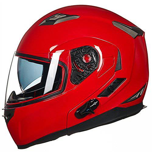ILM 블루투스 통합 모듈식 플립업 풀 페이스 오토바이 헬멧 썬 쉴드 Mp3 선내통화장치 (M, 레드)