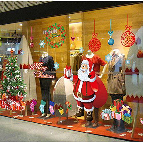 Yusongirl DIY 크리스마스 윈도우 스티커 Santa Claus Wreath 설화 크리스마스 트리 창문 Clings 글래스 도어 데칼,도안 PVC Static 스티커 쇼케이스 겨울 파티 데코,장식 (4 시트)
