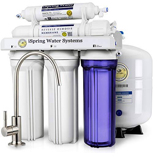 iSpring RCC7 하이 용량 언더 싱크대 5-Stage Reverse 삼투 음료 Filtration 시스템 and Ultimate Water Softener, 75 GPD, Brushed Nickel Faucet