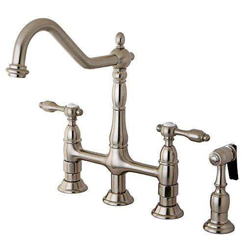 Kingston Brass KS1278TALBS Tudor 8 Inch 중앙 부엌, 주방 Faucet With Brass Sprayer, Brushed Nickel, 8-3/ 4 inch in Spout Reach, Brushed Nickel