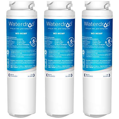 WaterMSWF NSF 42& 372 Certified 냉장고 용수필터, 물 필터, 정수 필터, 호환가능한 with GE MSWF, 101820A, 101821B, 101821-B, Standard, Pack of 3