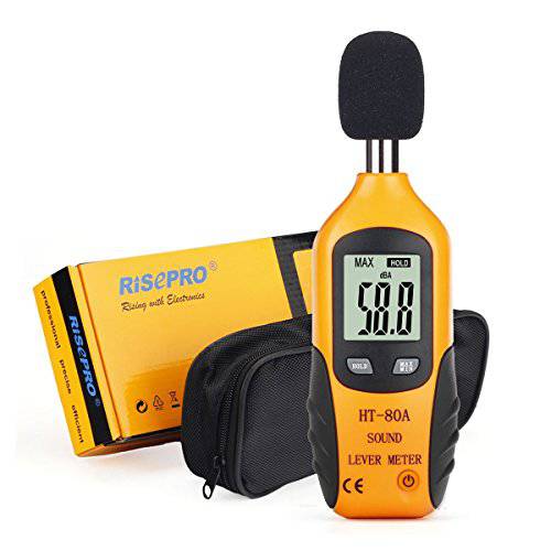 RISEPRO 소음 Meter, 디지털 사운드 레벨 Meter 30  130 dB 오디오 Noise 치수,측정 디바이스 백라이트 MAX/ MIN, Data 고정 오토 파워 오프 이중 Ranges HT-80A