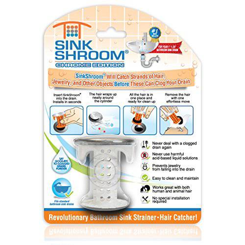 SinkShroom Revolutionary 화장실 싱크대 배수구,배출구 보호 머리카락 거름망 거름망,스트레이너,여과,필터,배출구 트랩 Chrome Edition