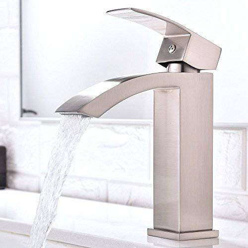 Friho 싱글 본체 Waterfall 화장실 화장대 싱크대 Faucet with 엑스트라 라지 직사각형 Spout, Brushed Nickel