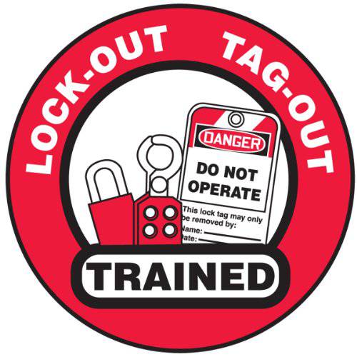 Accuform 사인 LHTL344 비닐접착제 안전뫃, 헬멧 Decal, LegendLock-Out TAG-Out Trained with Graphic, 2-1/ 4 Diameter, Red/ Black on 화이트 (Pack of 10)