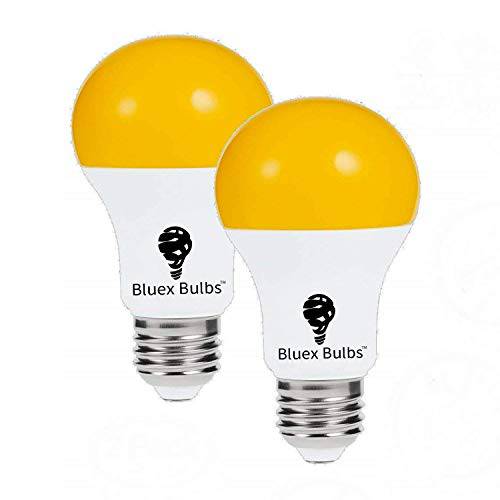 2 Pack LED 취침모드, 기상 모드 A19 벌레 라이트 Bulbs, Yellow Bulb, 노란색 라이트 with 자동 센서 Bulb, LED 현관 라이트 세큐리티 아웃도어 Bulb, 오토 on/ Off, 2000K E26, 500 Lumens by Bluex Bulbs