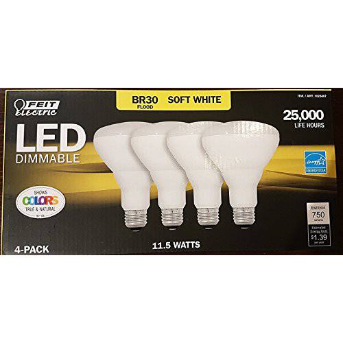 Feit LED 디머블, 밝기 조절 가능 BR30 홍수 소프트 화이트 Bulbs 65 Watts, Uses 11.5 Watts, 4 Pack