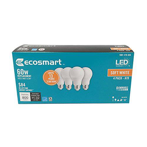 Ecosmart 60W 호환 소프트 화이트 A19 Energy 스타 and 밝기조절가능 LED 전구 (4-Pack)