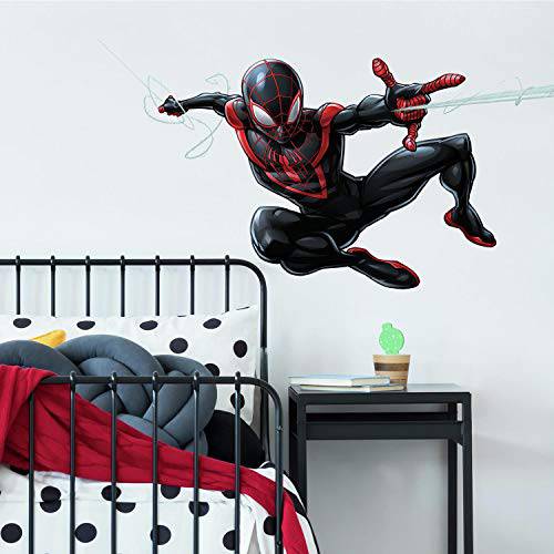 RoomMates Spider-Man 마일 Morales 벗기고 And 스틱 거대한 벽면 데칼,도안, 1 장 36.5 인치 x 17.25 인치, 블랙,  레드 - RMK3921GM