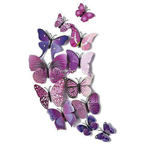 AKOAK 24 Pcs 3D 버터플라이 벽면 스티커 아트 장식,데코 데칼,도안 with 스펀지,퍼프,메이크업스펀지 껌,검 and Magnet(Purple)