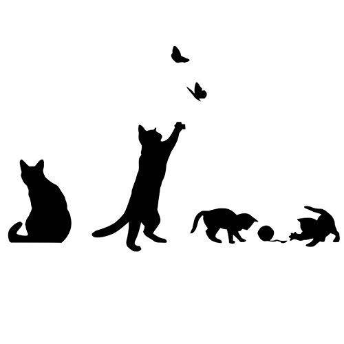 BooDecal  블랙 Four 고양이 디자인 캐치 버터플라이 플레이 볼 아트 벗기고 스틱 벽면 스티커 DIY 비닐 벽면 데칼,도안 Applique 가정용 계단 장식,데코 Baseboard