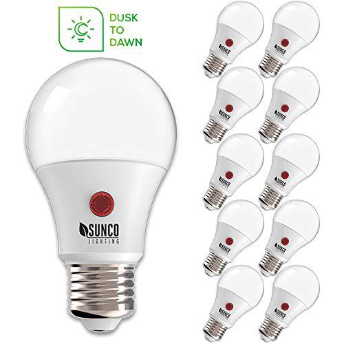 Sunco Lighting 10 Pack A19 LED 전구 with Dusk-to-Dawn, 9W=60W, 800 LM, 5000K Daylight, 오토 On/ 오프 Photocell 센서, 움직임 감지 - UL