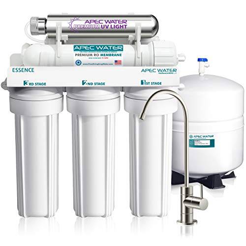 APEC Water Systems ROES-UV75-SS 탑 Tier Violet Sterilizer 75 GPD 6-Stage 울트라 세이프 리버스 삼투 음료 용수필터, 물 필터, 정수 필터 시스템, 스테인레스 스틸 UV 하우징, 화이트