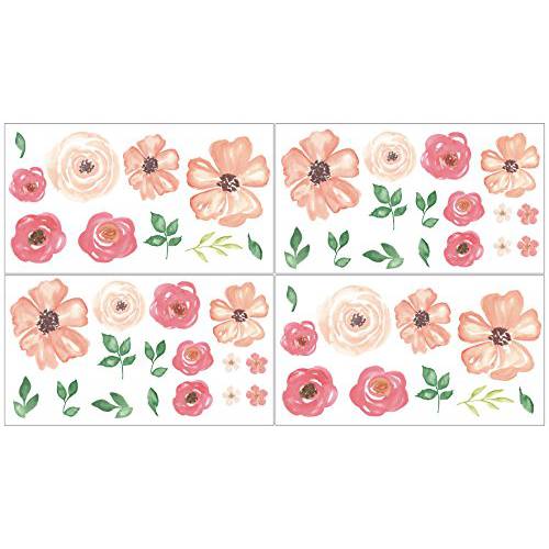 Sweet Jojo Designs 복숭아, 그린 and 화이트 벽면 데칼,스티커 스티커 for 복숭아 수채화 플로럴 콜렉션 - 세트 of 4 시트 - 핑크 Rose Flower
