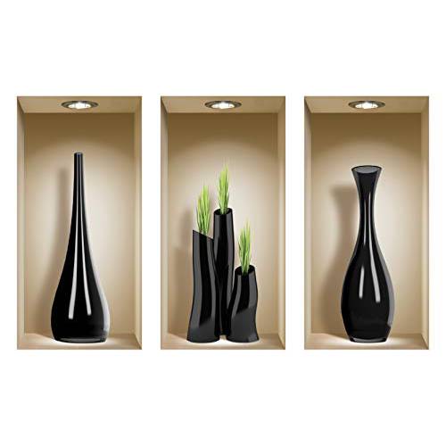 the Nisha 아트 매직 3D Vinyl 탈부착가능 벽면 스티커 데칼,도안 DIY, 세트 of 3, 블랙 and 그린 세라믹 Vases