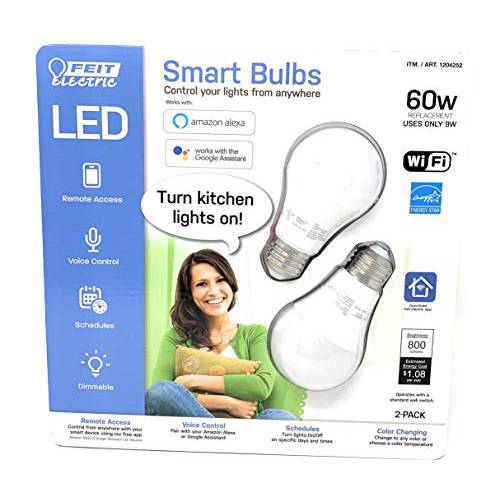 FEIT 전기,자동,전동 스마트 와이파이 LED 컬러 체인징 디머블, 밝기 조절 가능 60W 라이트 Bulbs 2-pk 화이트