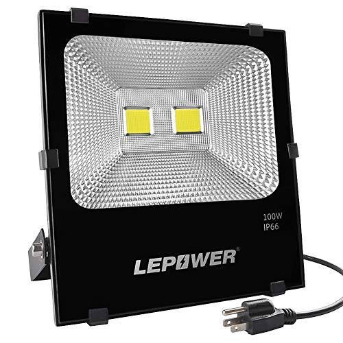 LEPOWER 100W LED 플러드 라이트 아웃도어, 슈퍼 브라이트 워크라이트 플러그인, 500W 할로겐 전구 호환 IP66 방수, 8000LM, 6000K, 아웃도어 LED 라이트 고정, 고정가능 뒷마당,뒤뜰, 가든, 차고,주차장,창고, Playground