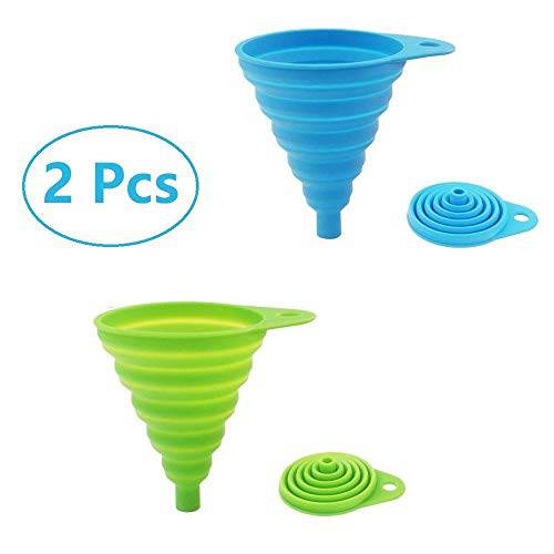 ddLUCK 2 팩 실리콘 접이식,접을수있는 Funnel, Flexible/ Foldable/ 부엌, 주방 Funnel for Water Bottle 리퀴드파운데이션 전송 좁은 and 와이드 입구 깔때기,퍼널 Hopper (Green and Blue）