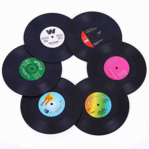 Ankzon Coasters for 워터 with 기프트 박스 - 세트 of 6 Colorful 레트로 Vinyl LP레코드 Disk Coasters with Funny Labels-Prevent 가구,의자 from Dirty and Scratched-4.2 Inch