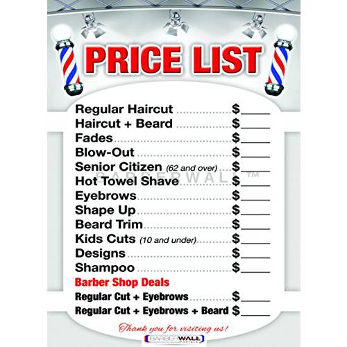 이발사 Shop Price 리스트 by BARBERWALL - 이발사 포스터 - 이발사 Shop 포스터 - 36 x 24 Laminated