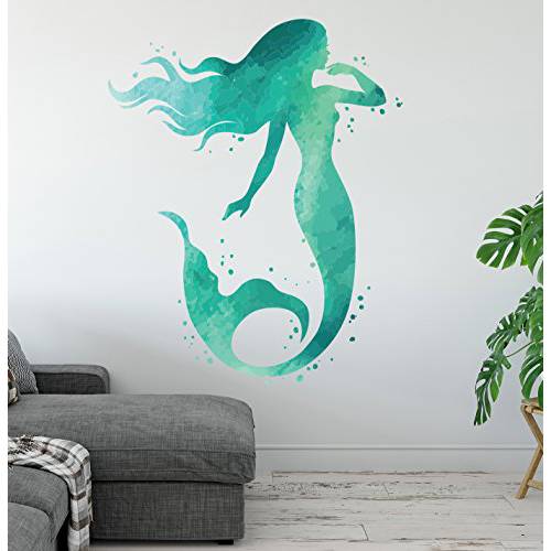 West Mountain Mermaid 벽면 데칼 - 오션 Mermaid 벽면 아트 Aqua Watercolors - 화장실 벽면 데칼 - 비치 하우스 Vinyl 벽면 스티커 LB18 (24’’H x 18’’W)