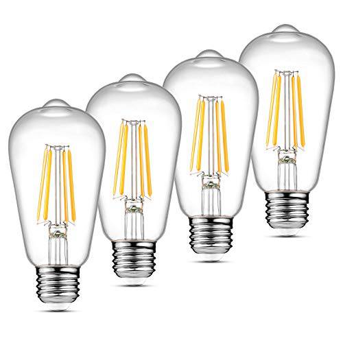 Ascher 빈티지 LED 에디슨 Bulbs, 6W, 호환 60W, Non-Dimmable, 하이 밝기 Warm 화이트 2700K, ST58 앤틱 LED Filament Bulbs, E26 미디엄 Base, 클리어 Glass, 팩 of 4