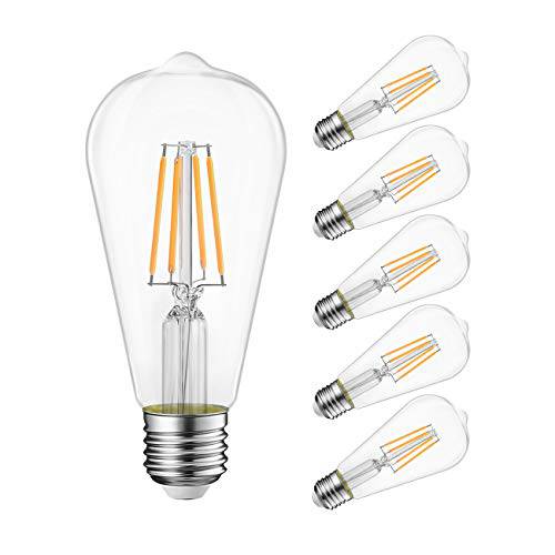LVWIT ST21 LED Filament 전구 7W(60 Watt Equivalent) 디머블, 밝기 조절 가능 2700K Warm 화이트 빈티지 에디슨 전구 E26 미디엄 Base (6-Pack) 7W- Warm White)