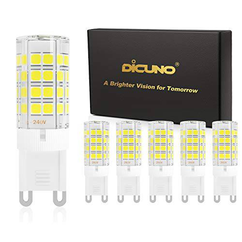 DiCUNO G9 LED 전구 4W (40W 할로겐 Equivalent), 450LM Daylight 화이트 6000K, 110V 120V G9 세라믹 Base Non-dimmable 전구 for 천장 Light,  찬장부착형, 부착형 (6-Pack)