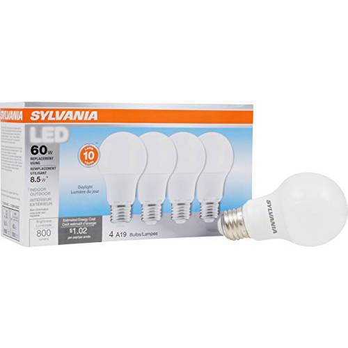 SYLVANIA 일반 라이트닝 79284 Sylvania Non-Dimmable Semi-Directional Led Lamp, 8.5 W, 120 V, A19, Medium, 11000 Hr, 4 Pack, 브라이트 White, 4 Count
