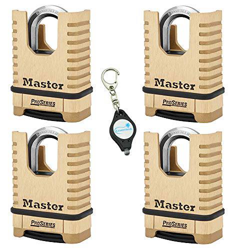 Master Lock 1177D 2-1/ 4in (57mm) 와이드 ProSeries Shrouded 황동 재설정가능 비밀번호 맹꽁이자물쇠,통자물쇠,자물쇠, 4 팩 번들,묶음 w/ Lumintrail 키링, 열쇠고리, 키체인 라이트