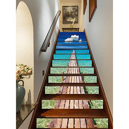 FLFK 3D 블루 오션 우드 브릿지 Pier Self-Adhesive Staircase 스티커 벽화 비닐 벽지,시트지 데칼,도안 39.3Inch x7.08Inch x 13PCS