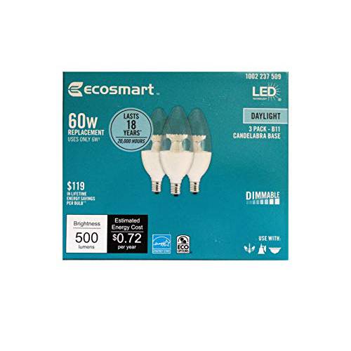 3-Pack Ecosmart 60 와트 Equivelent LED 밝기조절가능 Candelabra 일광 용도 6 와트 일광 5000 K 500 루멘