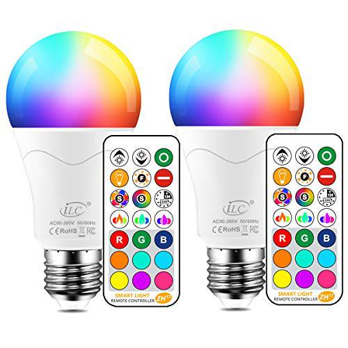 LED 전구 85W Equivalent, 컬러 체인징 전구s with 리모컨, 원격 RGB 6 Modes, Timing, Sync, 디머블, 밝기 조절 가능 E26 스크류 Base (2 Pack)