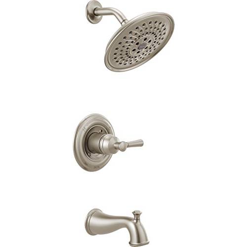 Delta Faucet Mylan Single-Function 욕조 and 샤워 트림 Kit with 3-Spray H2Okinetic 샤워 Head, SpotShield Brushed Nickel 144777-SP (Valve Included)